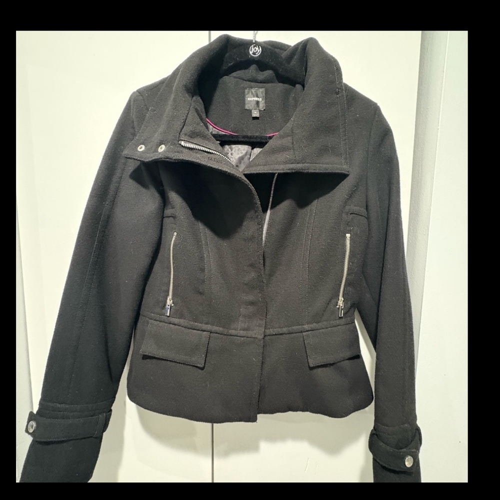 Express Black Wool Moto Jacket Lined with Zipper Pockets EUC Size Medium